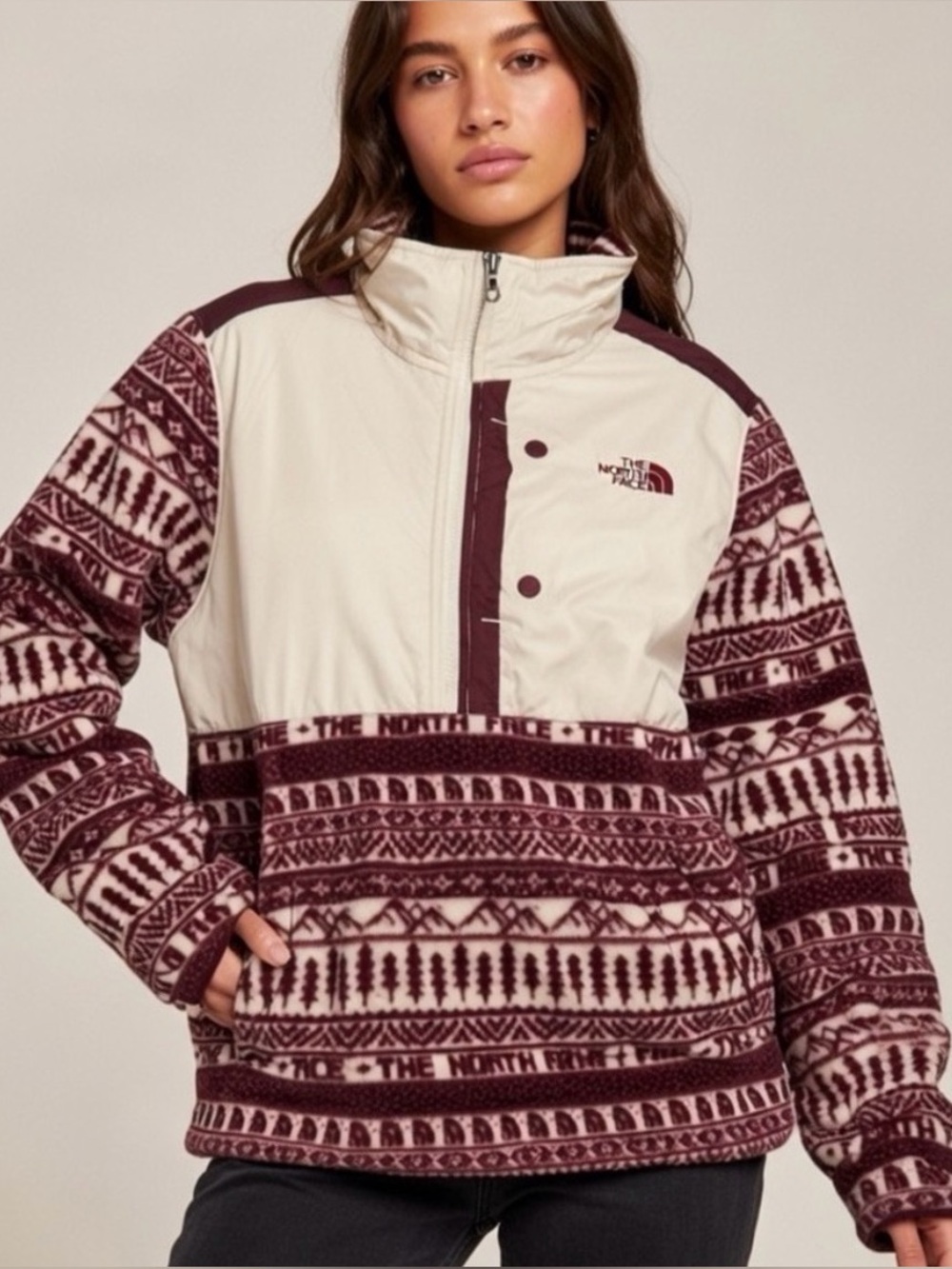 The North Face Cream & Burgundy Patterned Teddy Pullover Jacket